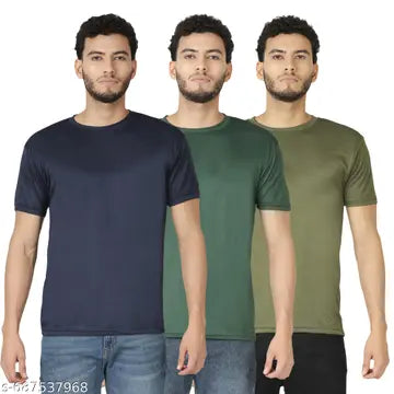 Polyester Solid Round Neck Men's T-Shirts - Pack of 3 (Assorted Colors)