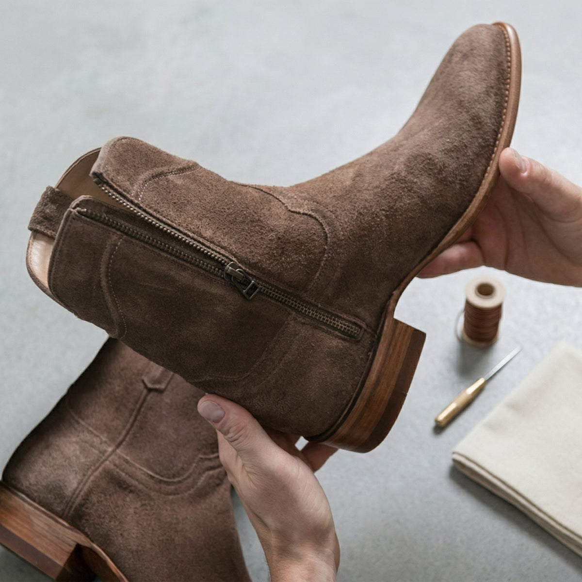 Beige Suede Bastrop Slip On Zipper Western Cowboy Boots - AW24 - ITALIAN AW26