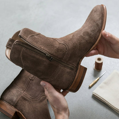 Beige Suede Bastrop Slip On Zipper Western Cowboy Boots - AW24 - ITALIAN AW26