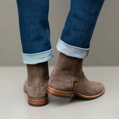 Beige Suede Bastrop Slip On Zipper Western Cowboy Boots - AW24 - ITALIAN AW26
