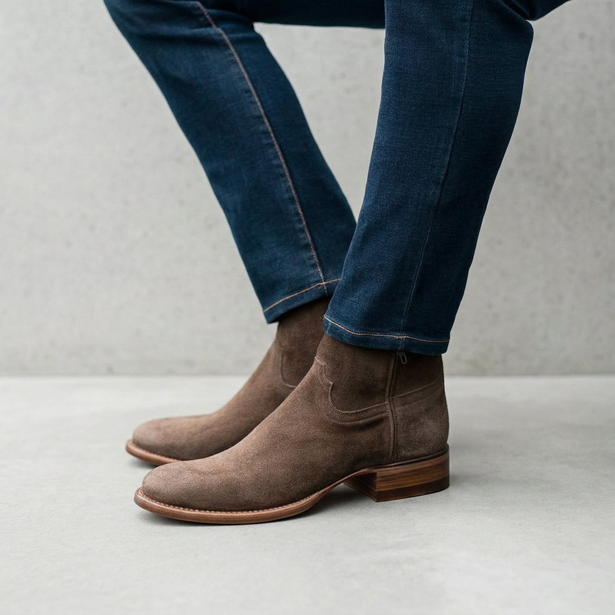 Beige Suede Bastrop Slip On Zipper Western Cowboy Boots - AW24 - ITALIAN AW26
