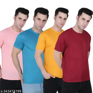Polyester Round Neck Men's T-Shirts - Pack of 4 (Assorted Colors)