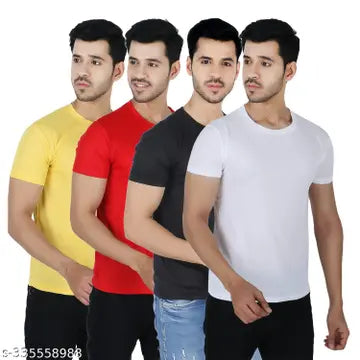 Polyester Solid Round Neck Men's T-Shirts - Pack of 4 (Assorted Colors)