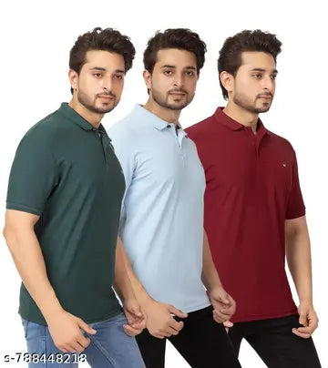 Cotton Solid Polo Neck Men's Polo T-Shirts - Pack of 3 (Assorted Colors)