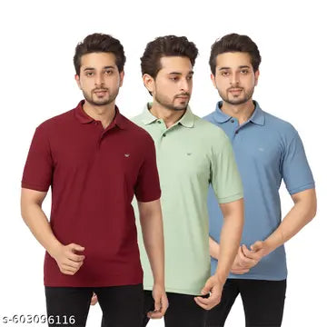 Cotton Solid Polo Neck Men's Polo T-Shirts - Pack of 3 (Assorted Colors)