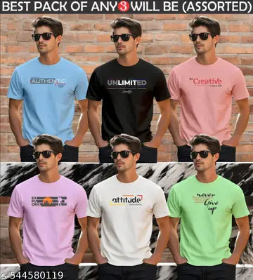 100% Cotton Men's T-Shirts - Pack of 3 (Assorted Colors)
