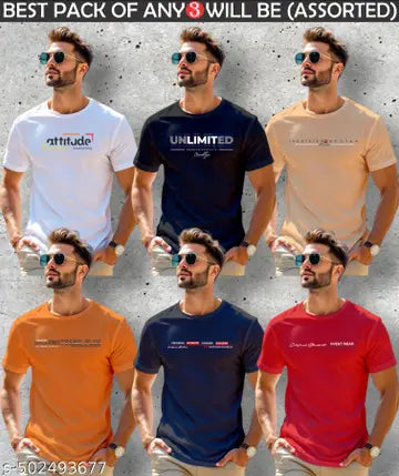 100% Cotton Solid Round Neck Men's T-Shirts - Pack of 3 (Assorted Colors)