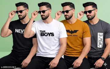 Cotton Blend Solid Round Neck Men's T-Shirts - Pack of 4 (Assorted Colors)