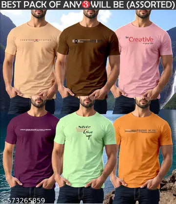 100% Cotton Stylish Men's T-Shirts - Pack of 3 (Assorted Colors)