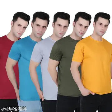 Polyester Stylish Round Neck Men's T-Shirts - Pack of 5 (Assorted Colors)
