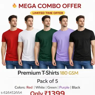 Cotton Blend Solid Round Neck Men's T-Shirts - Pack of 5 (Assorted Colors)