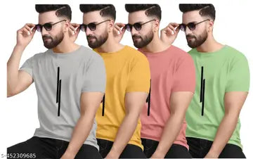 Polyester Solid Round Neck Men's T-Shirts - Pack of 4 (Assorted Colors)
