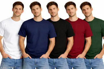 100% Cotton Solid Round Neck Men's T-Shirts - Pack of 5 (Assorted Colors)