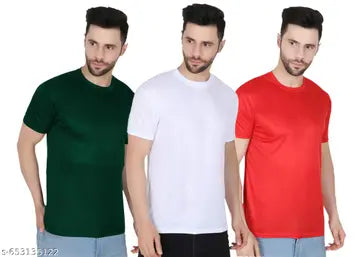Polyester Solid Round Neck Men's T-Shirts - Pack of 3 (Assorted Colors)