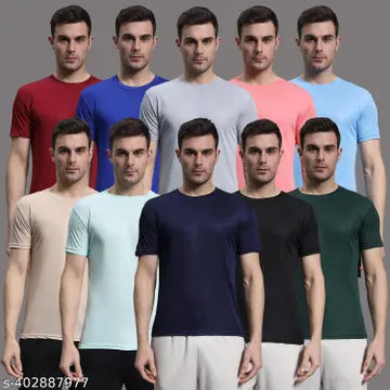 Solid Round Neck Men's T-Shirts - Pack of 10 (Assorted Colors)