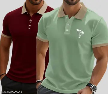 Cotton Blend Solid Polo Neck Men's Polo T-Shirts - Pack of 2 (Assorted Colors)