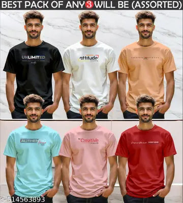 100% Cotton Men's T-Shirts - Pack of 3 (Assorted Colors)